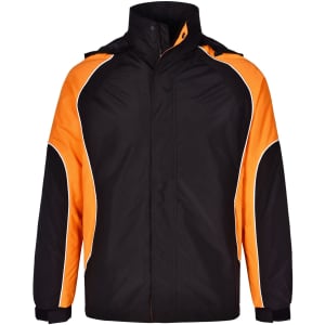 A unisex jacket in black with orange accents and a logo, featuring a high collar and front zip.