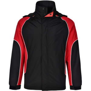 A unisex jacket featuring a black base with red accents and white piping, including a high collar and hood.