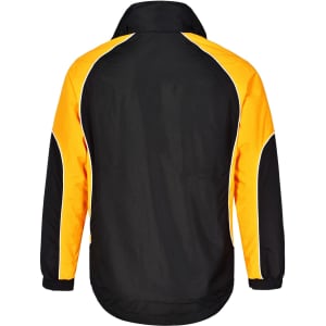 A unisex jacket featuring a black body with yellow and white accents, designed for various outdoor activities.