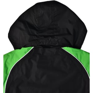 A unisex jacket in black with green accents and a hood, featuring a logo on the back.
