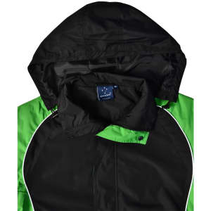 A unisex jacket featuring a black and green design with a hood and a visible logo.
