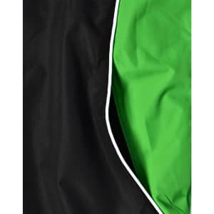 A unisex jacket features a black exterior with green interior detailing and white piping. It has a logo on the fabric.