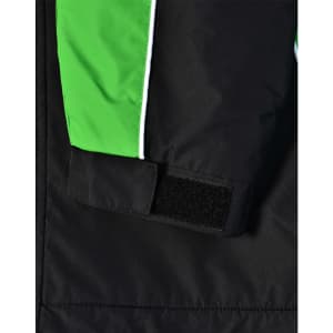 A unisex jacket in black with green accents and a Velcro cuff detail. Features branding on the material.