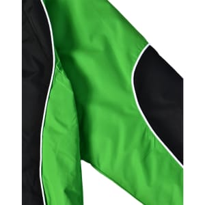 A unisex jacket featuring a vibrant green and black design with contrasting white piping and a logo.