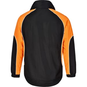 A unisex jacket featuring a black body with orange sleeves and white piping. It has a logo on the back.
