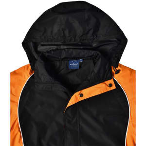 A unisex jacket featuring a black body with an orange hood and accents, showcasing a branded tag inside.