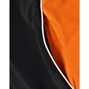 A close-up of a unisex jacket featuring a black exterior with an orange interior and contrasting white piping.