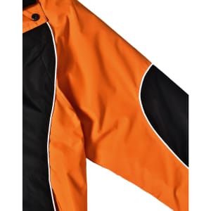 A unisex jacket featuring an orange and black design with white piping, complete with a logo.