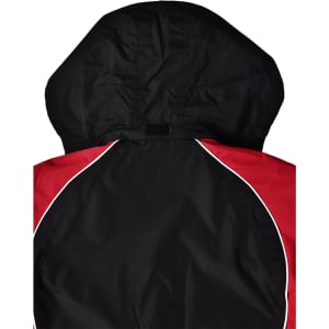 A unisex jacket featuring a hood, primarily black with red accents and white piping. It has a logo on the back.