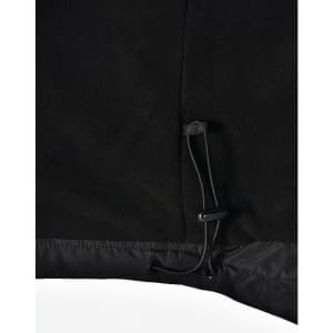 A close-up of the bottom hem of a black unisex jacket featuring a drawstring adjustment.