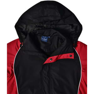 A unisex jacket featuring a black body with red accents and a hood, displaying a label inside.