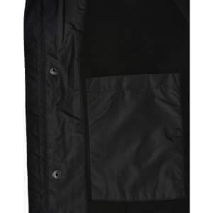 A unisex black jacket featuring a smooth fabric and a patch pocket. It includes snaps for closure and a logo.