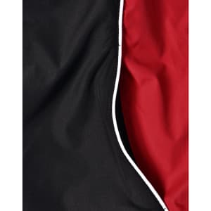 A close-up of a unisex jacket featuring black and red fabric with contrasting white piping.