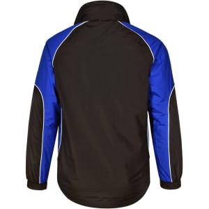 A unisex jacket featuring a black body with blue panels and a logo on the back.