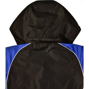 A unisex jacket in black with blue accents and a hood, featuring a logo on the back.