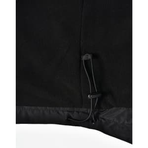 A close-up of a black unisex jacket featuring a pull cord at the hem, with a soft textured finish.
