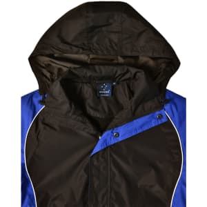 A unisex jacket featuring a blue and black design, with a hood and front fastening. It includes a logo.