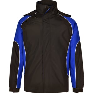 A unisex jacket featuring a black and blue design with white piping and a high collar. It has a logo on it.
