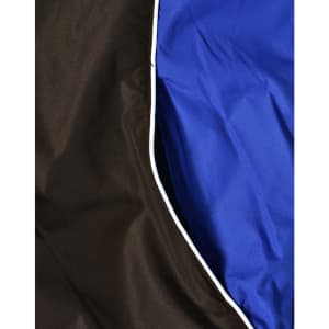 A unisex jacket featuring a combination of black and blue fabric with contrasting white lining.