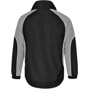 A black and grey Men's Contrast Jacket featuring a minimalist design and a logo on the back.