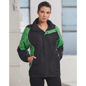 A unisex jacket in black with green accents and a zip-up front, featuring a logo on the chest.