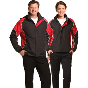 A unisex jacket in black with red accents, featuring a logo. Designed for a stylish and sporty look.