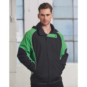 A unisex jacket in black and green, featuring a hood and a logo on the chest.