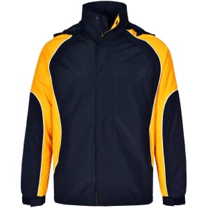 Unisex jacket in navy and yellow with a logo, featuring a zip-up front and high collar.