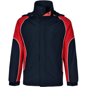 A unisex jacket featuring navy and red colours with white detailing and a logo on the front.
