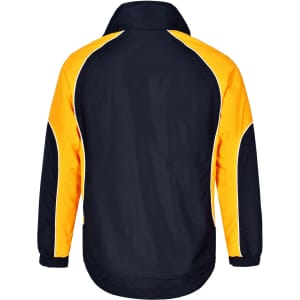 A unisex jacket featuring a navy blue body with vibrant yellow accents, and a logo on the back.