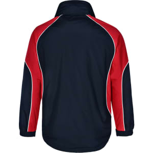A unisex jacket in navy blue with red accents, featuring a collar and elasticated cuffs. It has a logo on the back.