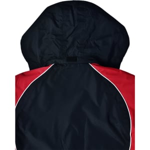 A unisex jacket featuring a black hood and red detailing, designed in a sleek style with a logo.