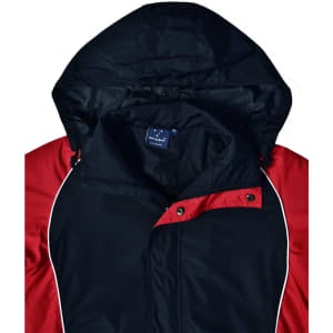 A unisex jacket featuring a black and red colour scheme, with a hood and a branded label inside.