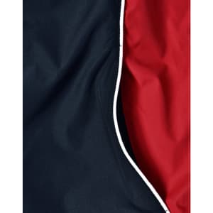 A close-up of a unisex jacket featuring a black exterior and a red lining with contrasting white piping.