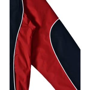 A unisex jacket in red and navy, featuring a logo and contrasting white piping along the seams.