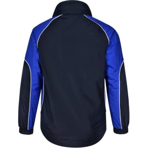 A unisex jacket featuring a navy body with blue and white accents, designed without a front view.
