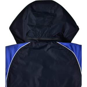 A unisex jacket in navy blue with a hood, featuring contrasting blue side panels and a logo.