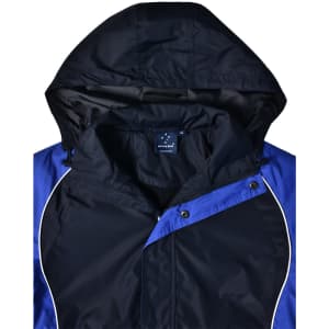 A unisex jacket in blue and black featuring a hood and a logo on the interior.