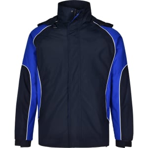 A unisex jacket in navy blue with electric blue accents and white piping, featuring a high collar and a logo.