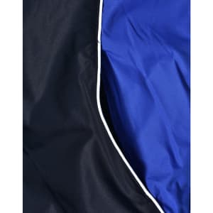 A close-up of a unisex jacket featuring black outer fabric and a blue inner lining, with contrasting white piping.