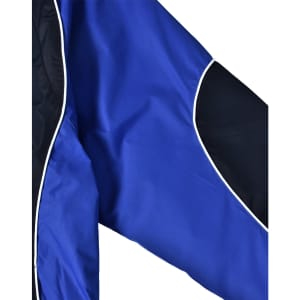 A unisex jacket featuring a blue and black design with contrasting accents and a logo.