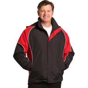 A unisex jacket in black and red with white piping, featuring a hood and a logo.