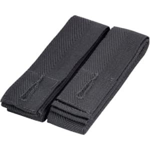 Two black changeable apron straps made from durable fabric, featuring a textured finish and secured folds.