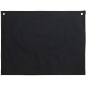 A black canvas short waist apron featuring a front pocket and brass eyelets for attachment.