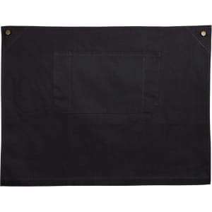 A black canvas short waist apron featuring a front pocket and two brass buttons at the top.