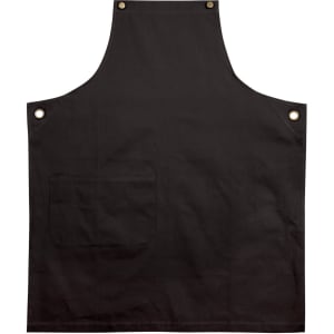 A black canvas bib apron featuring a front pocket and gold-toned buttons. It has a simple, classic design.