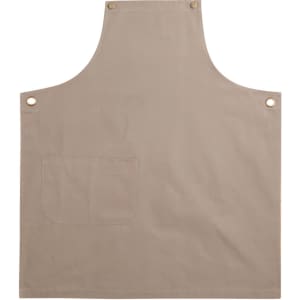 A beige canvas bib apron featuring a front pocket and metal grommet details.