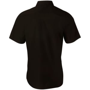 A black short sleeve shirt with a button-up design, featuring a hidden logo.
