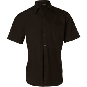 A black short sleeve button-up shirt with a collar and a front pocket, featuring a logo.