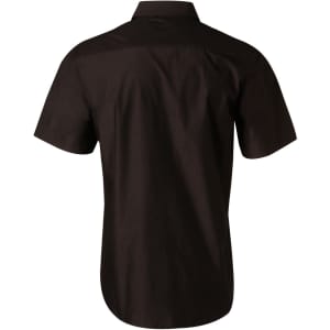 A short sleeve button-up shirt in black, featuring a back yoke and a logo on the fabric.